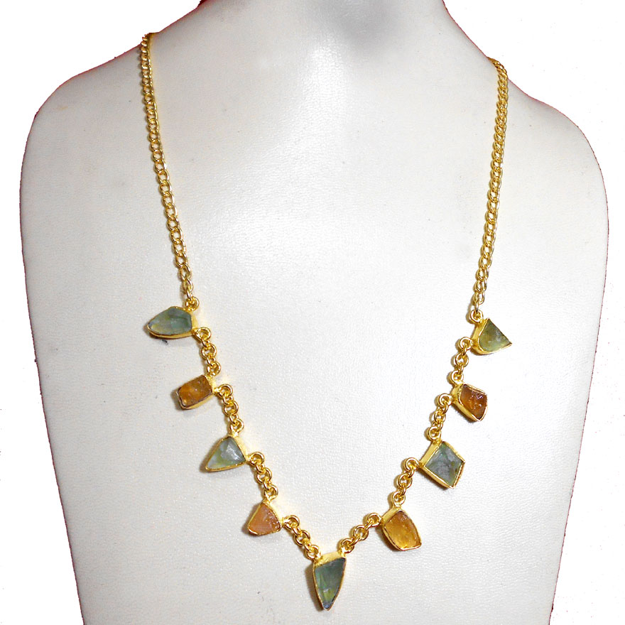 51.2 Cms Green Fluorite, Citrine Necklace A - RBJ988-Vintage Fashion Necklace with gold vermeil over Brass`