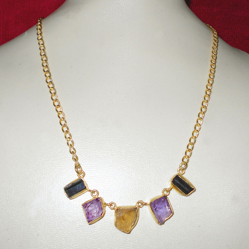 41 Cms Citrine, Amethyst, Tourmaline A - RBJ987-Costume Fashion gold plated Necklace with Brass