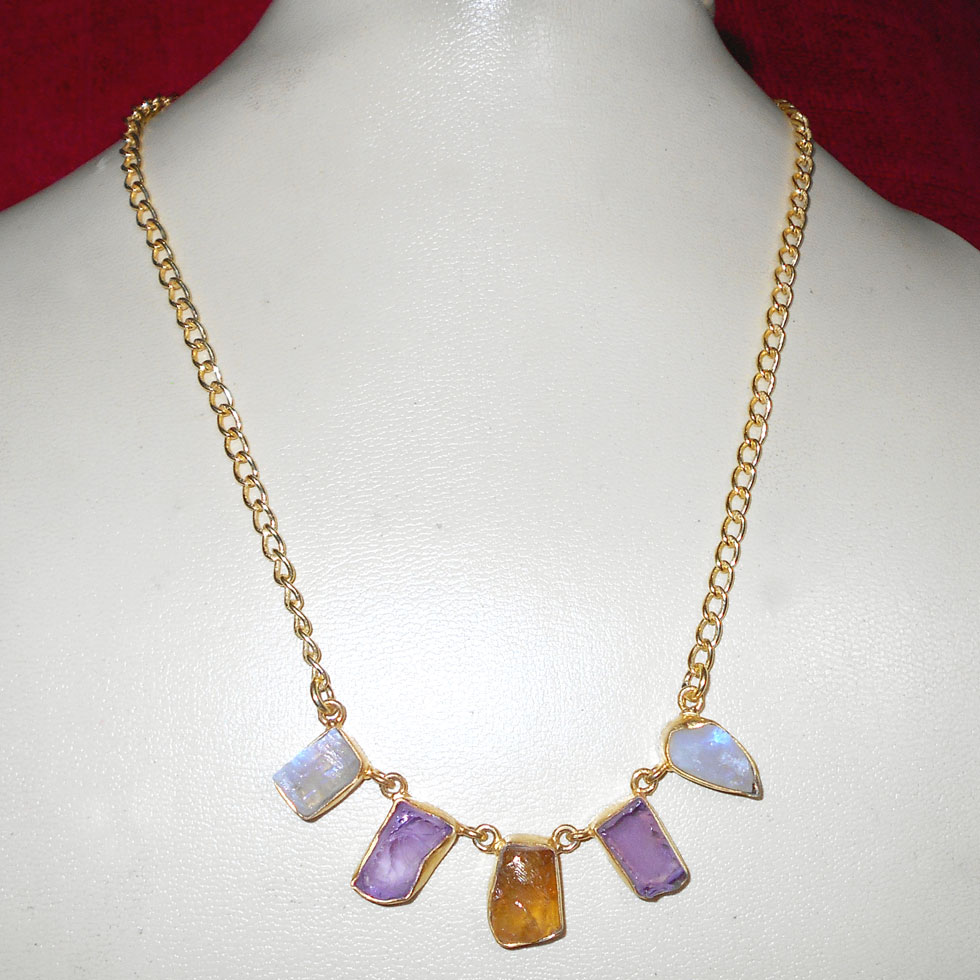 41 Cms Rainbow, Citrine, Amethyst D - RBJ987-Costume Fashion gold plated Necklace with Brass