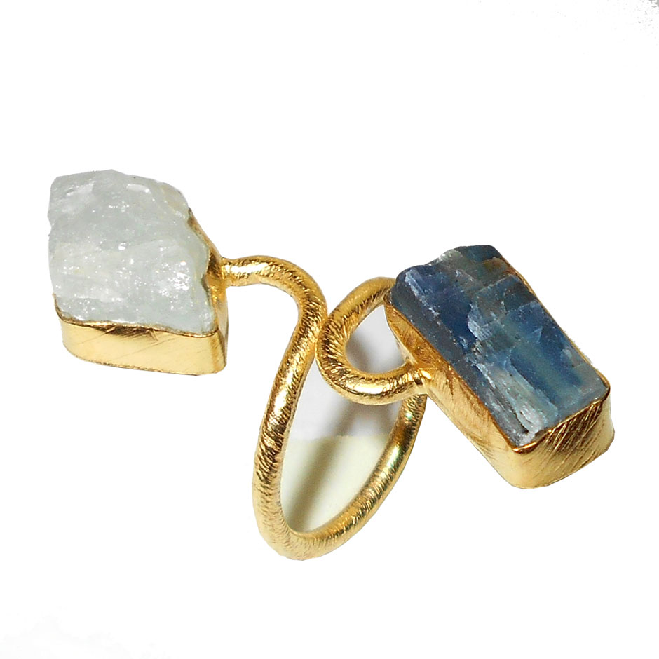 Aquamarine & Kyanite A - RBR968- Raw gemstone Brass gold plated Rings wholesale collectio