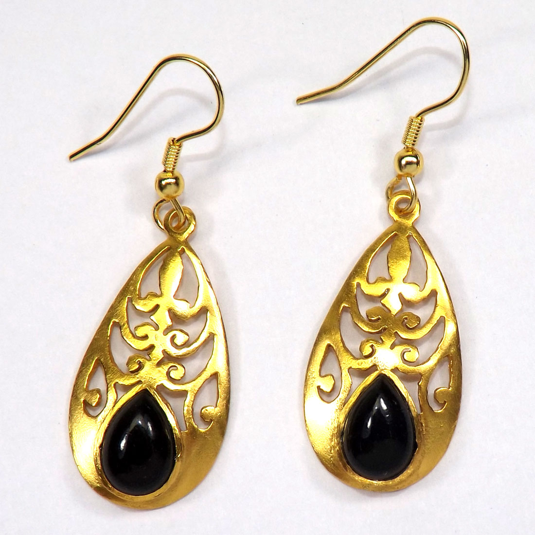Black Onyx C - NE994-Cabochon Gemstone Made in Brass Ethnic Earrings
