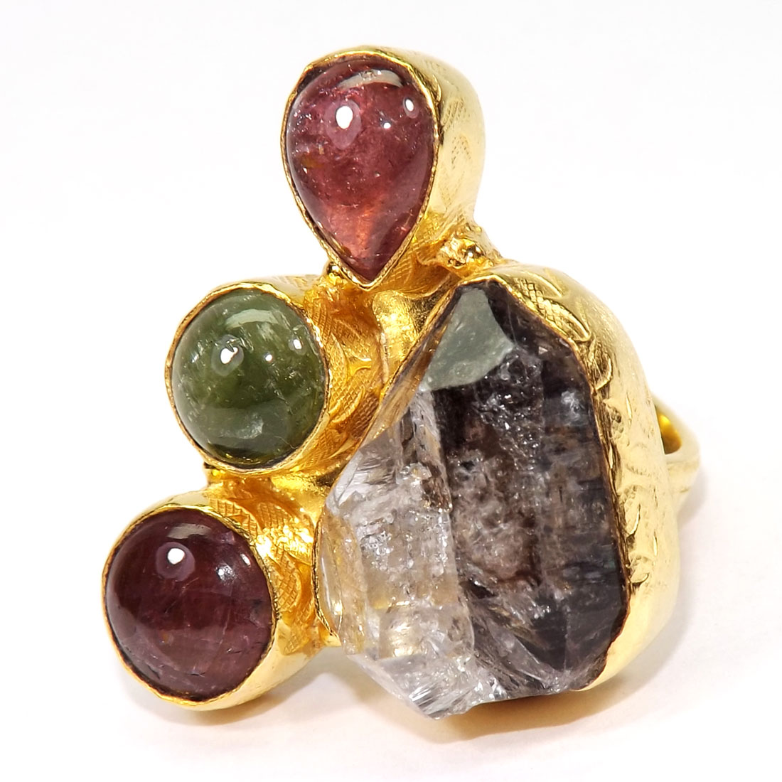 Tourmaline Cab and Herkimer Diamond Rough A - BCR997-Fashion Multi Gemstone Made in Brass Chunky Rings