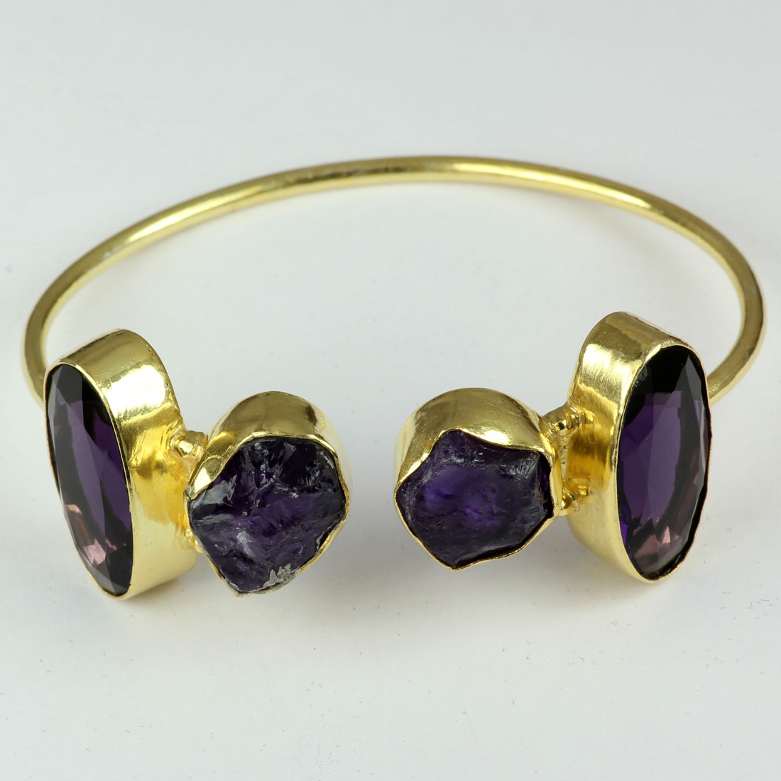 Amethyst Cut and Rough H - BN965-Fabulous Designs Mix Stones In Brass Bangles