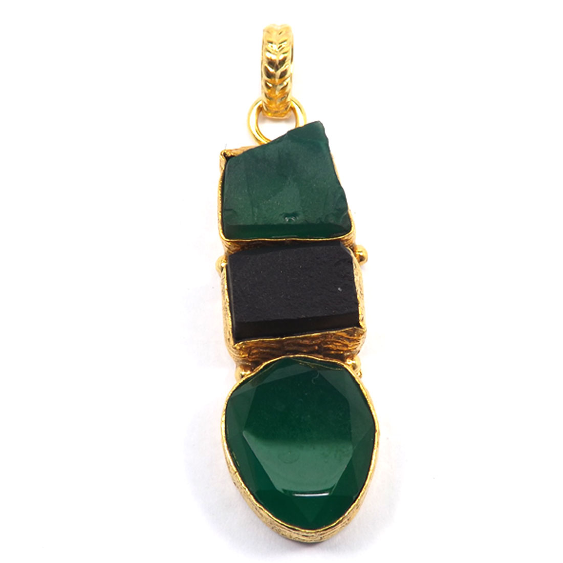 Green Onyx Rough,Black Tourmaline O - RBJ900-Wholesale Indian Designer Three Stone Rough Brass Pendant