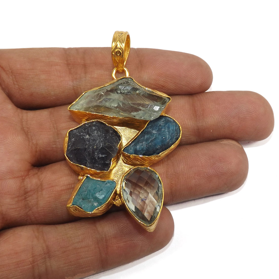 Fluorite Rough,Smokey Rough,Apatite I - CKP988-Designer Handmade Gold Plated Rough Brass Chunky Pendants