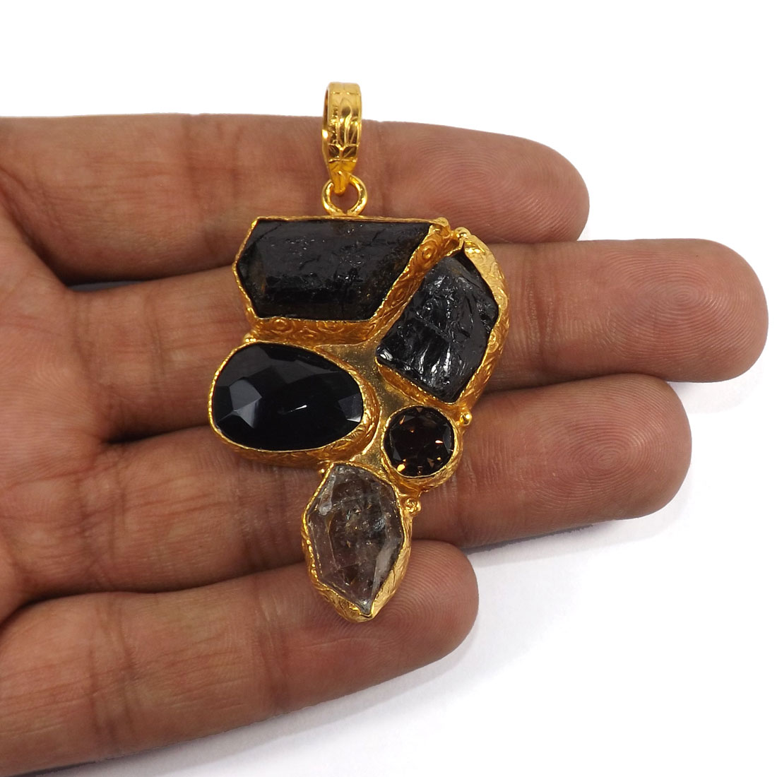 Black Tourmaline,Black Onyx Cut & Smokey Rough K - CKP988-Designer Handmade Gold Plated Rough Brass Chunky Pendants