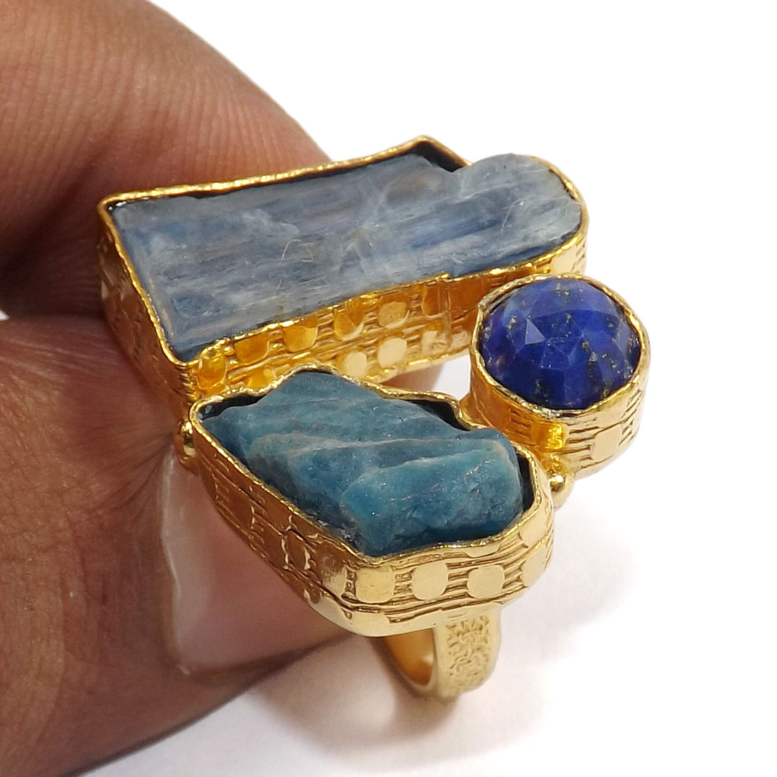 Blue Kynite,Apatite & Lapis Lazuli A - BCR980-Indian Handmade Designer Rough Brass Chunky Ring