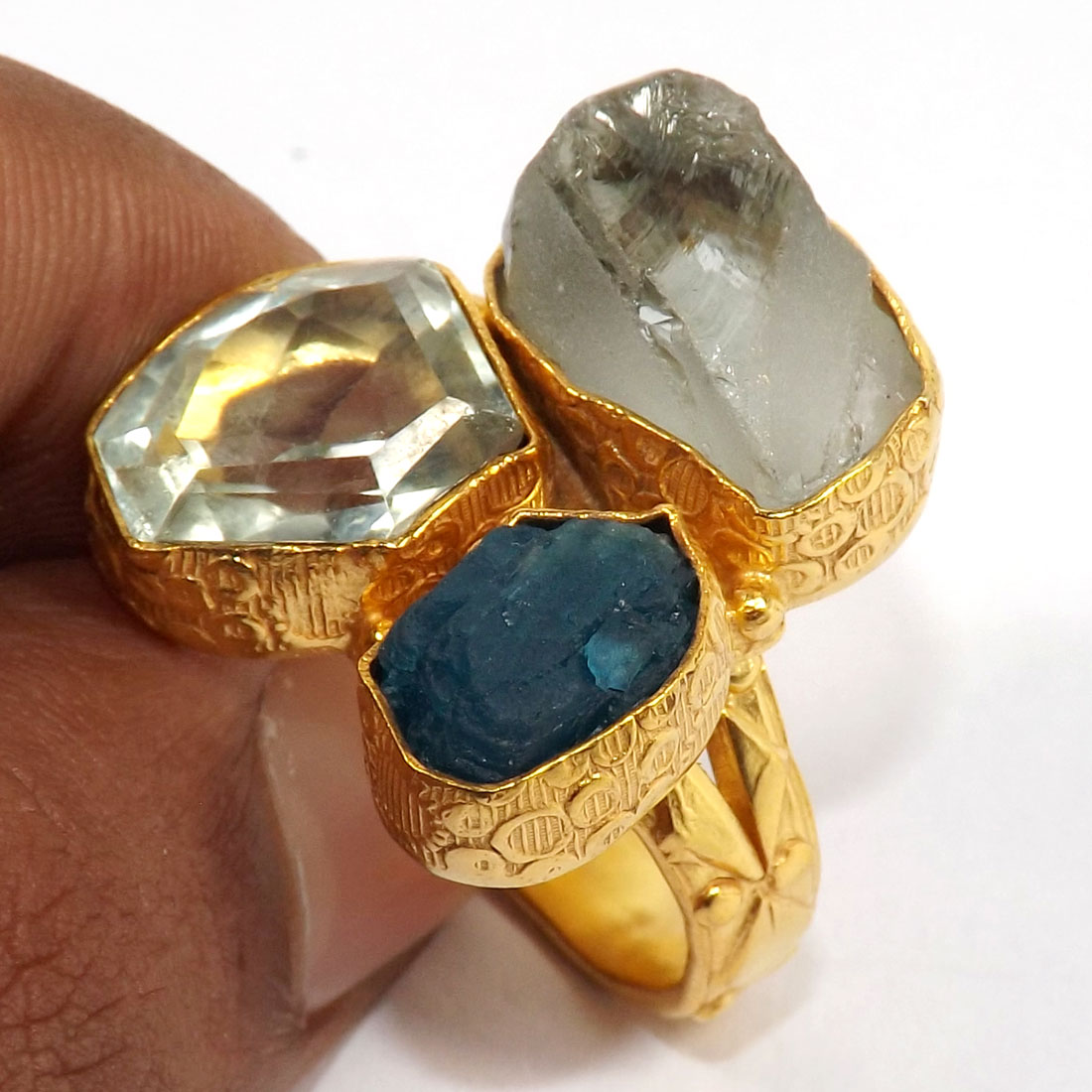 Green Amethyst Cut,Crystal Rough & Apatite I - BCR979-Gorgeous Gemstones Designer With Gold Plated Rough Brass