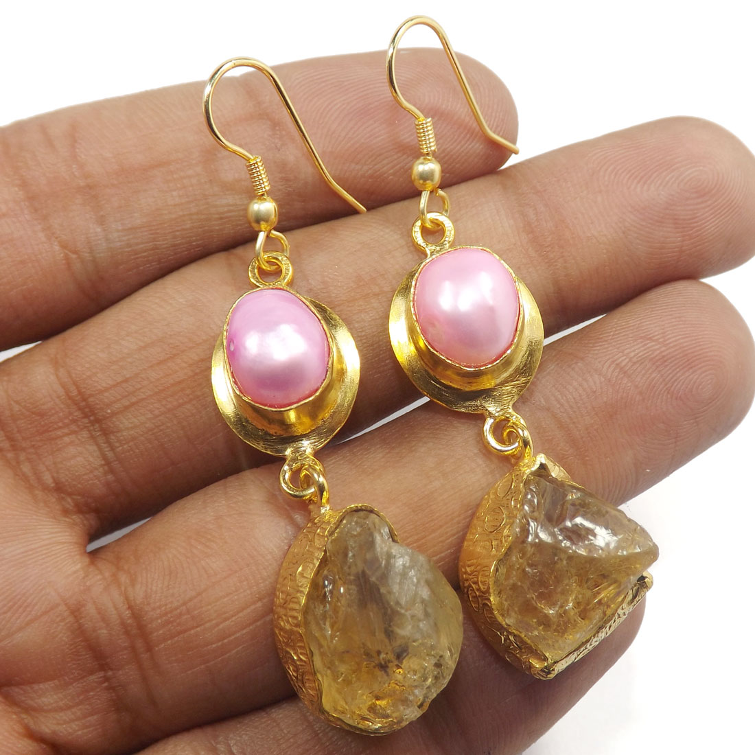 Pearl & Citrine Rough K - PBE964-Glamours Two Stone Gold Plated Designer Rough Brass Earri