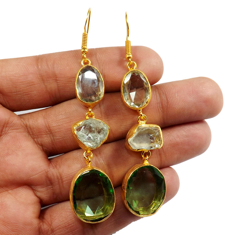 Green Hydro Glass & Aquamarine Rough E - PBE952-Multi Rough Three Gemstone 18ct Gold Plated Over Brass Handmade Statement Earring